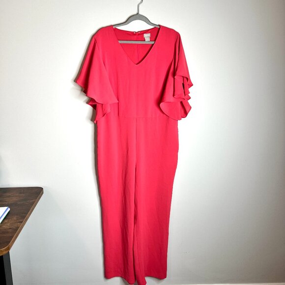 Chico's Ruffle Sleeve Jumpsuit Wide Leg Coral Pink V-Neck Classic Sz 2.5/14 - Picture 2 of 6